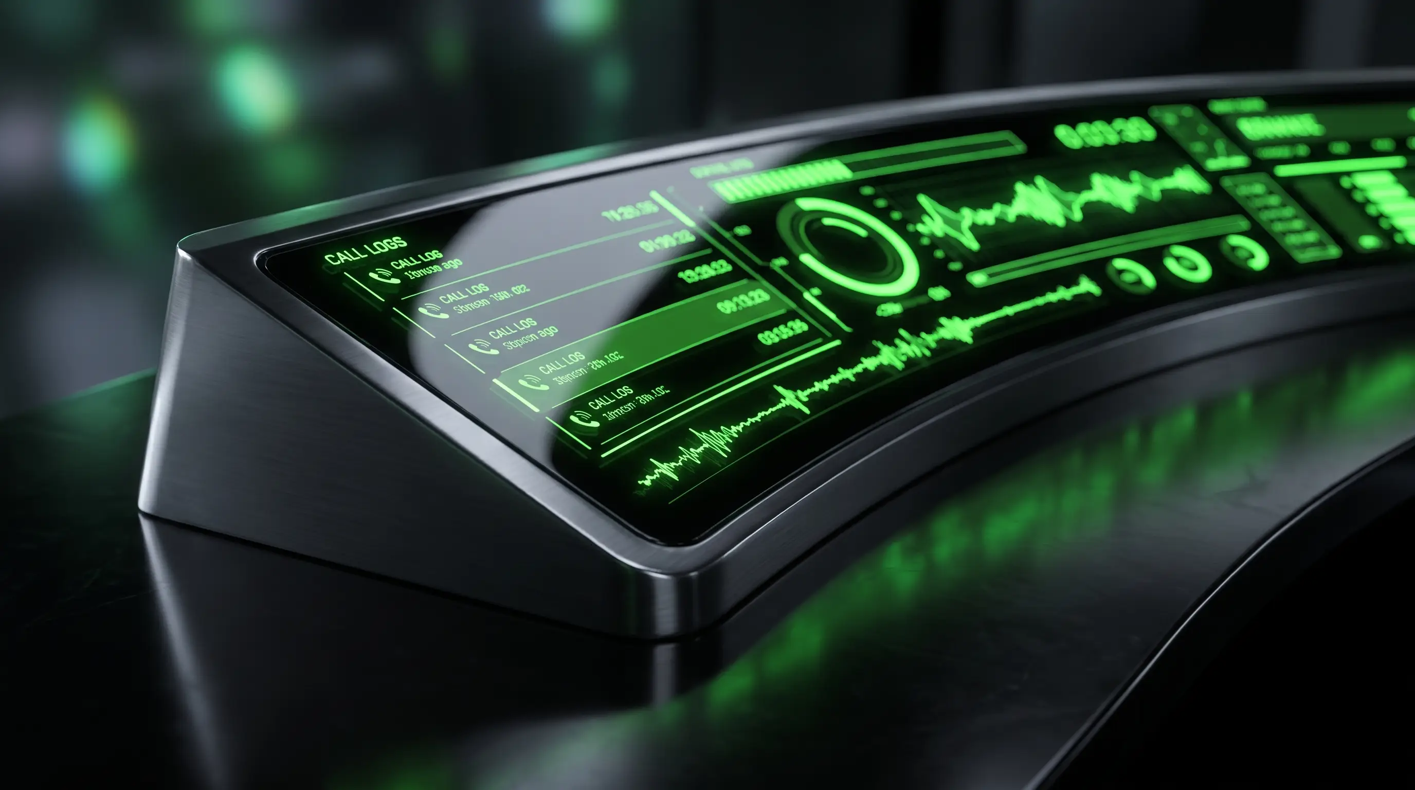 Dark console dashboard with green call-log rows